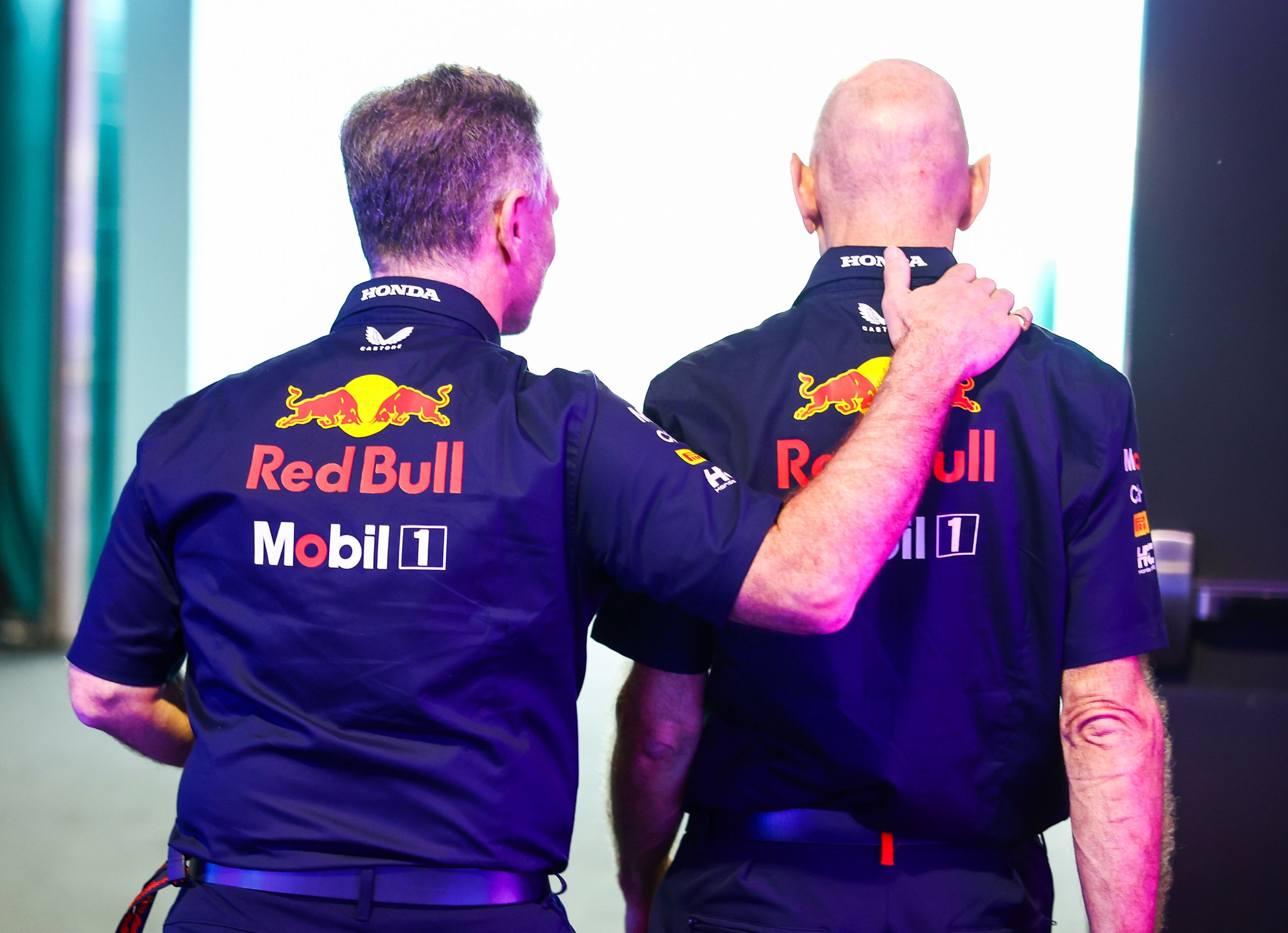 MIAMI, FLORIDA - MAY 03: Adrian Newey, the Chief Technical Officer of Oracle Red Bull Racing and Oracle Red Bull Racing Team Principal Christian Horner walk in the Paddock prior to practice ahead of the F1 Grand Prix of Miami at Miami International Autodrome on May 03, 2024 in Miami, Florida. (Photo by Mark Thompson/Getty Images) // Getty Images / Red Bull Content Pool // SI202405030484 // Usage for editorial use only //