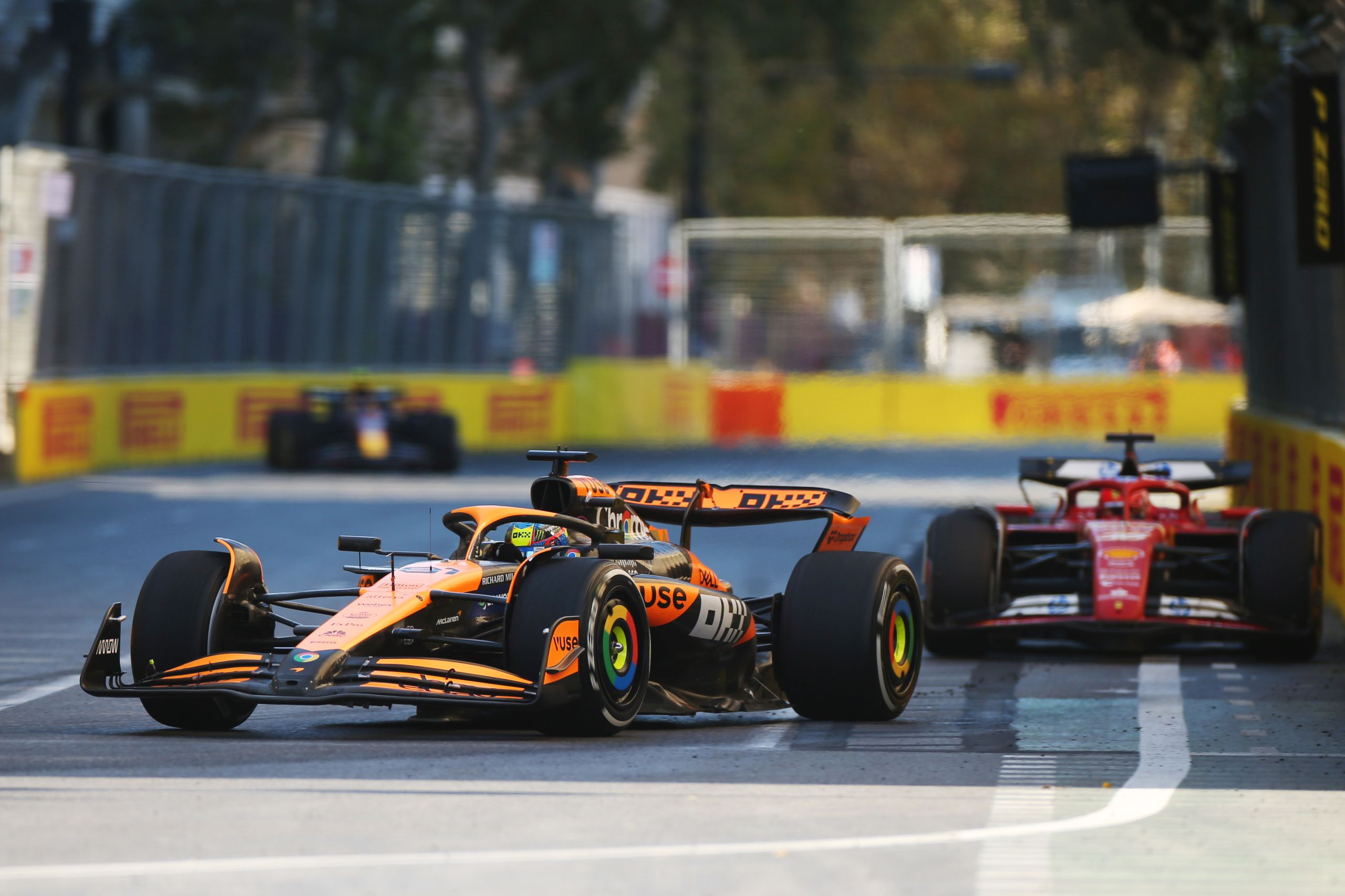 Oscar Piastri, Mclaren Mcl38, Leads Charles Leclerc, Ferrari Sf 24