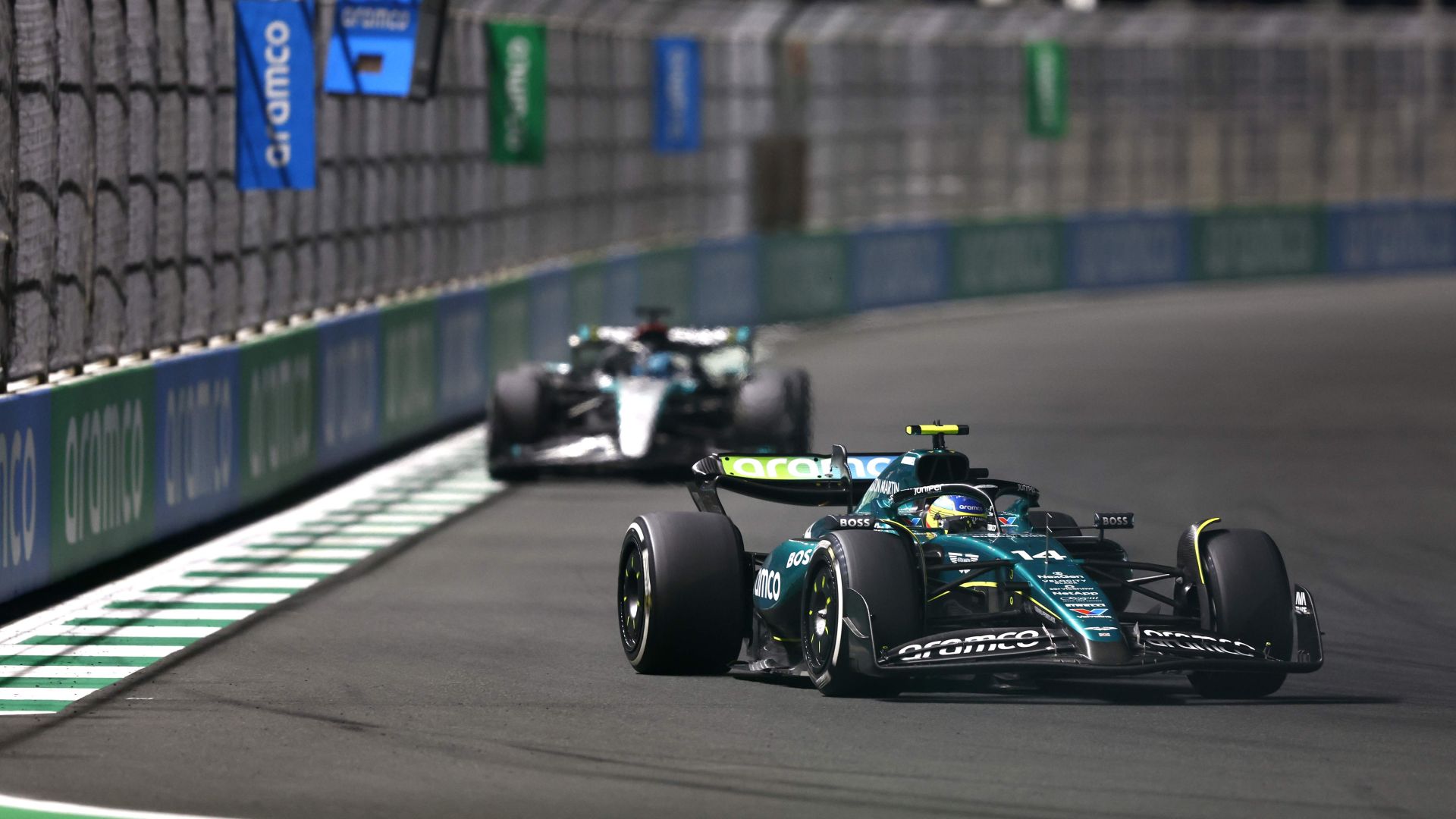 Fernando Alonso, Aston Martin Amr24, Leads George Russell, Mercedes F1 W15