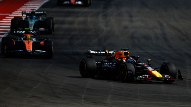 Max Verstappen of the Netherlands driving the (1) Oracle Red Bull Racing RB20 leads Lando Norris of Great Britain driving the (4) McLaren MCL38 Mercedes during the Sprint ahead of the F1 Grand Prix of United States at Circuit of The Americas on October 19, 2024 in Austin, Texas. (Photo by Chris Graythen/Getty Images)