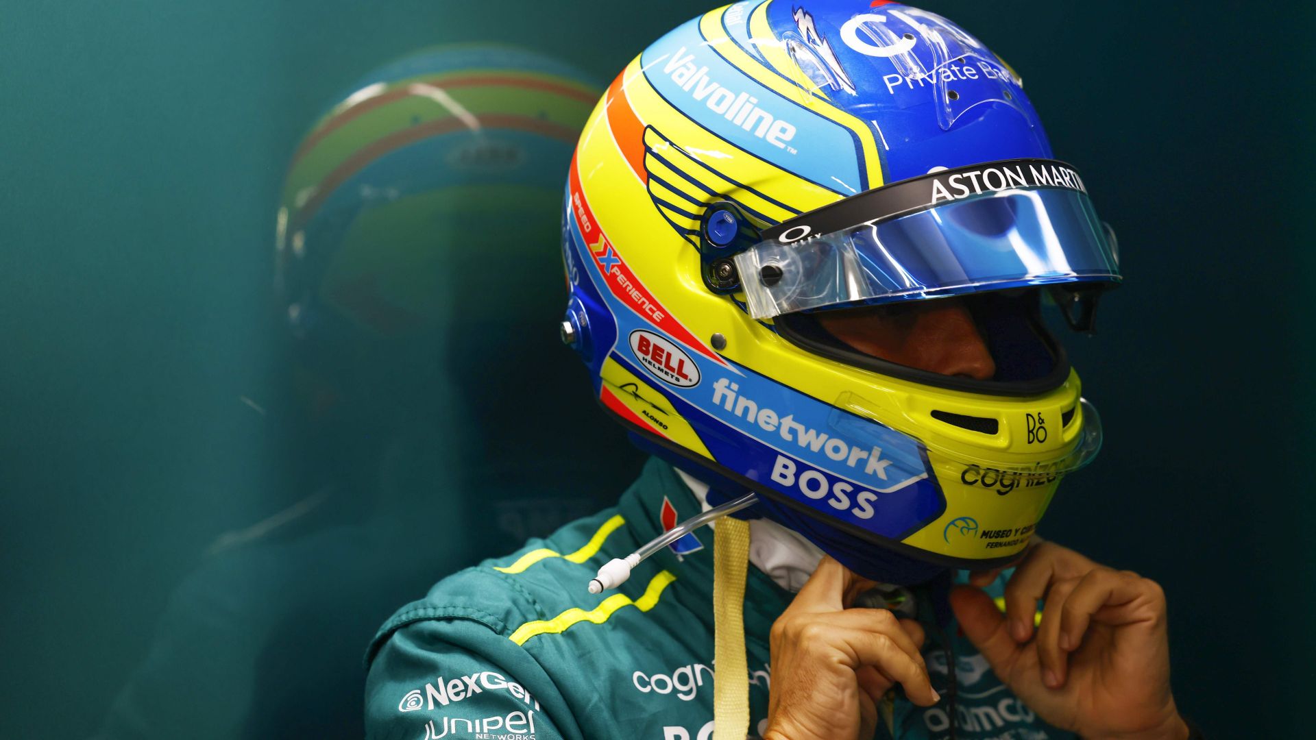 Fernando Alonso, Aston Martin F1 Team, Puts On His Helmet