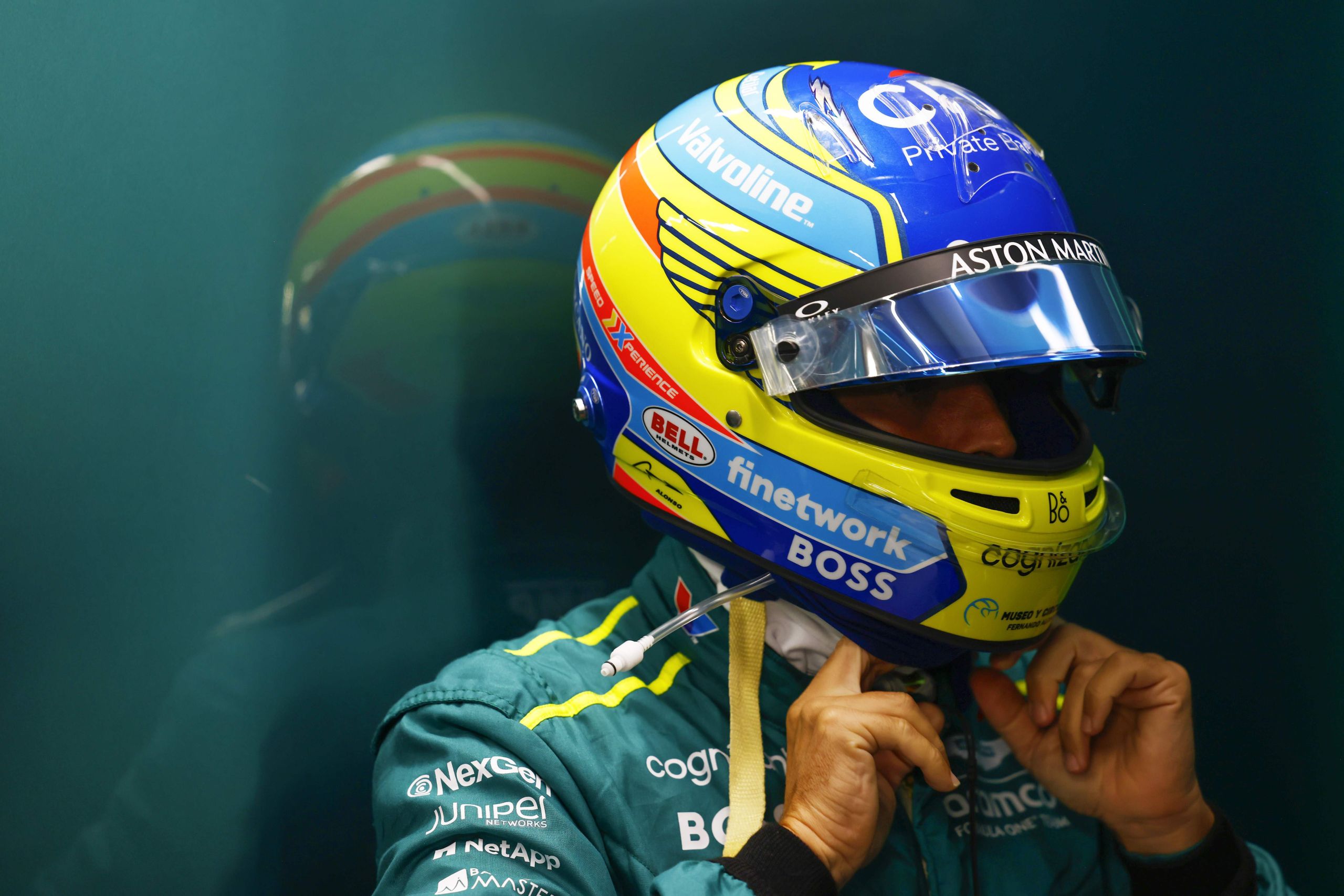 Fernando Alonso, Aston Martin F1 Team, Puts On His Helmet