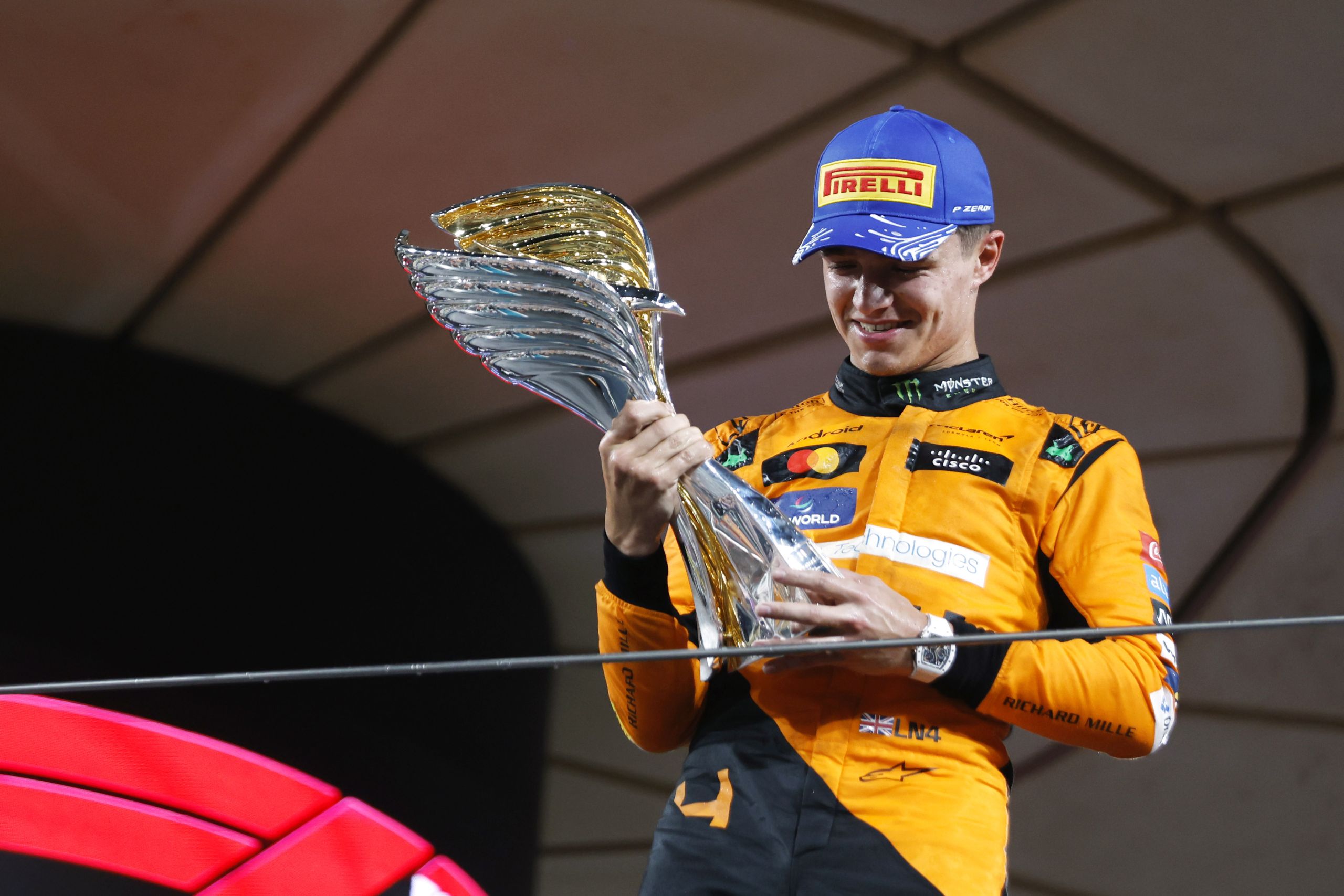 Lando Norris, Mclaren F1 Team, 1st Position, Lifts The Winners Trophy