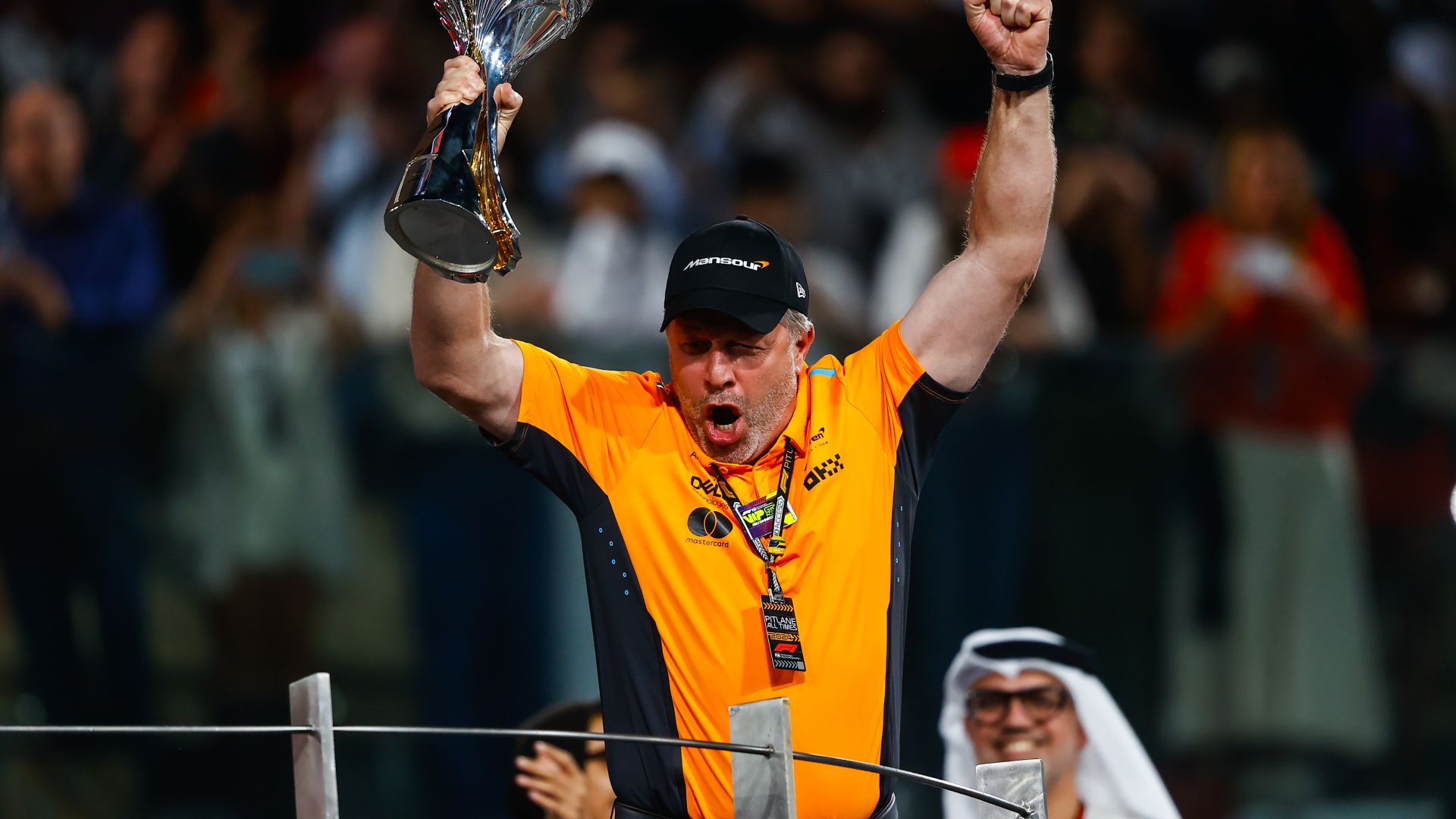 Zak Brown, Ceo, Mclaren Racing, Lifts The Constructors Trophy On The Podium