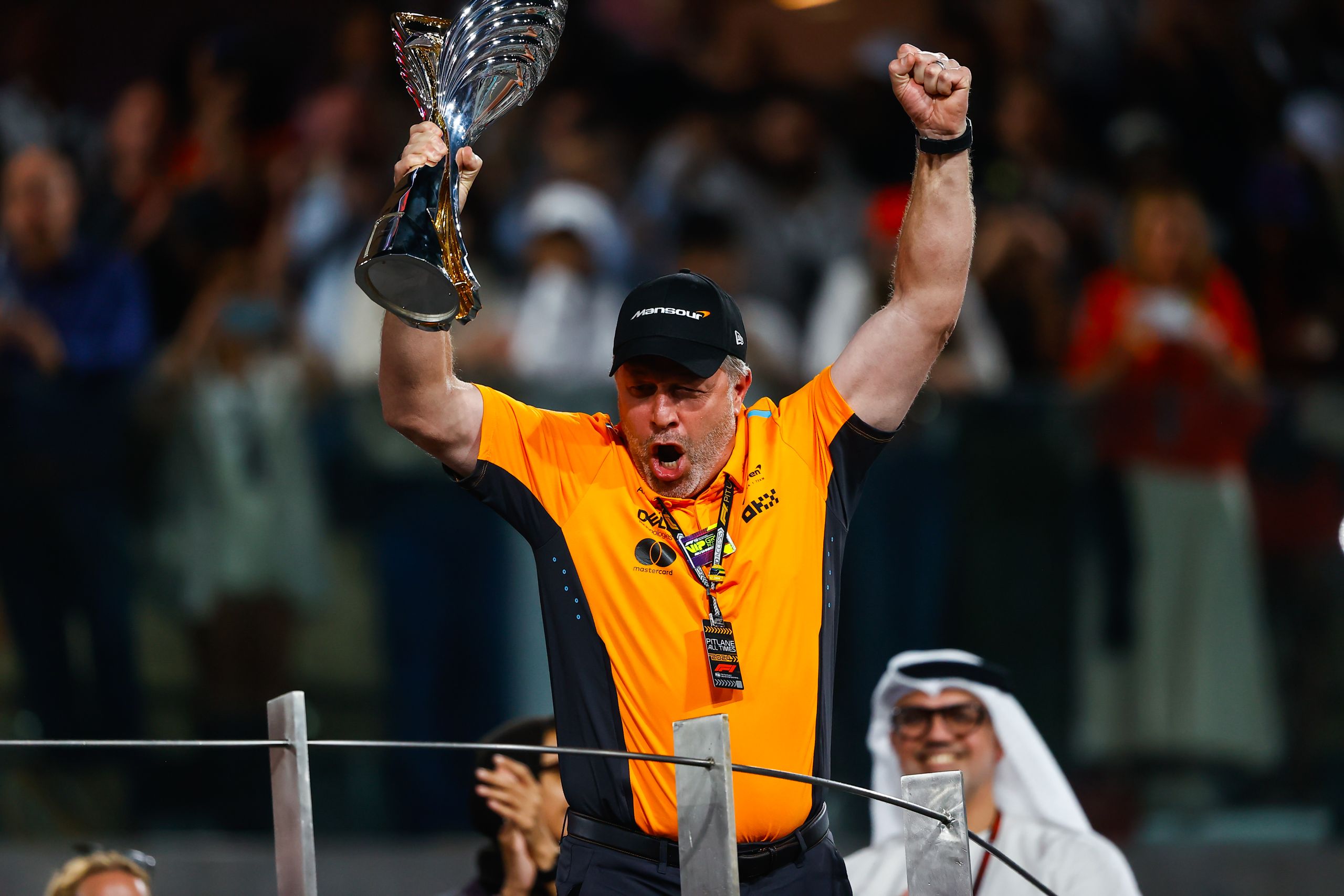 Zak Brown, Ceo, Mclaren Racing, Lifts The Constructors Trophy On The Podium