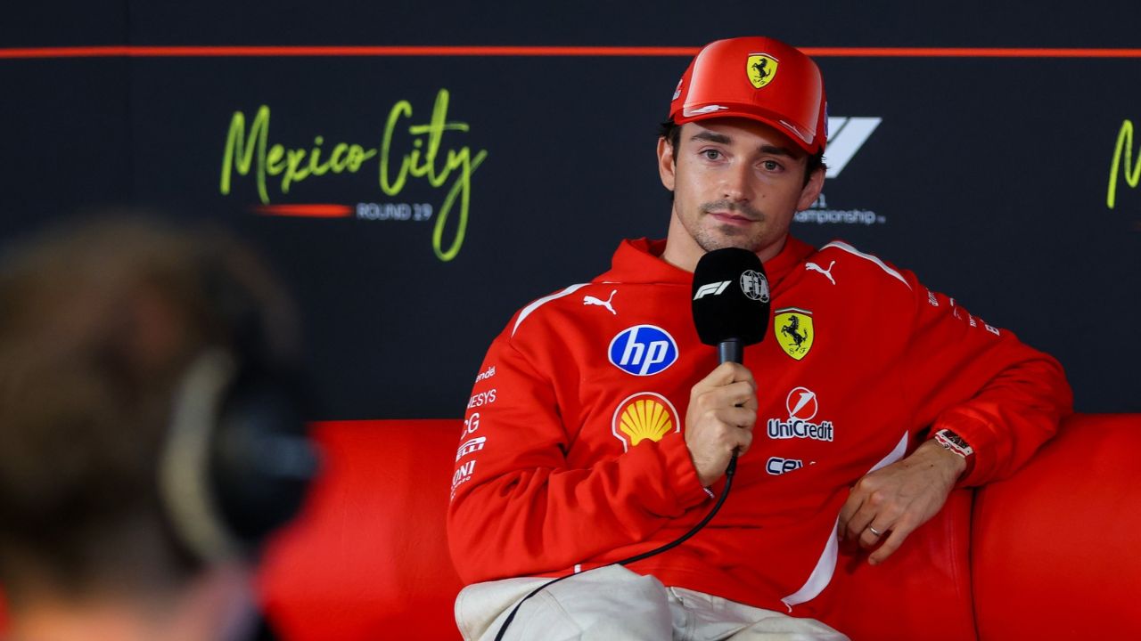 Image of Charles Leclerc speaking to the media on the arrival day of the Mexico City race.
