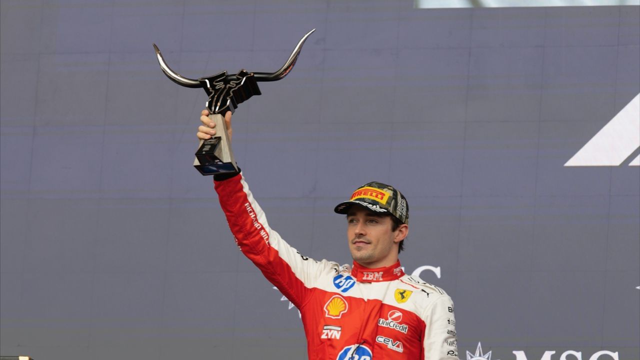 Image of Charles Leclerc celebrating P2 in Austin